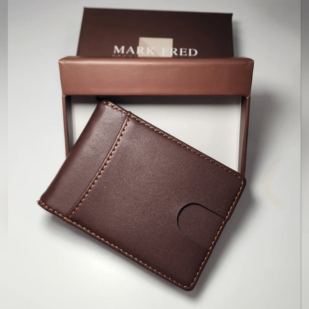 Mark Fred Men’s Bifold Wallet Brown Faux Leather With Metal Money Clip